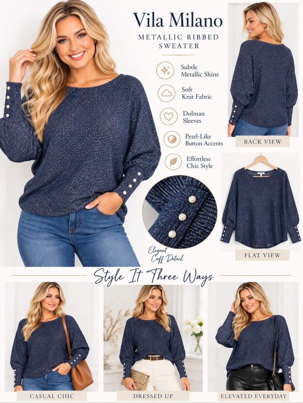 Vila Milano Navy Metallic Ribbed Dolman Sleeve Sweater XL NWT